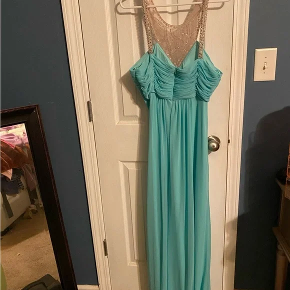 Xscape Aqua Dress with Beaded Straps - Picture 3 of 9